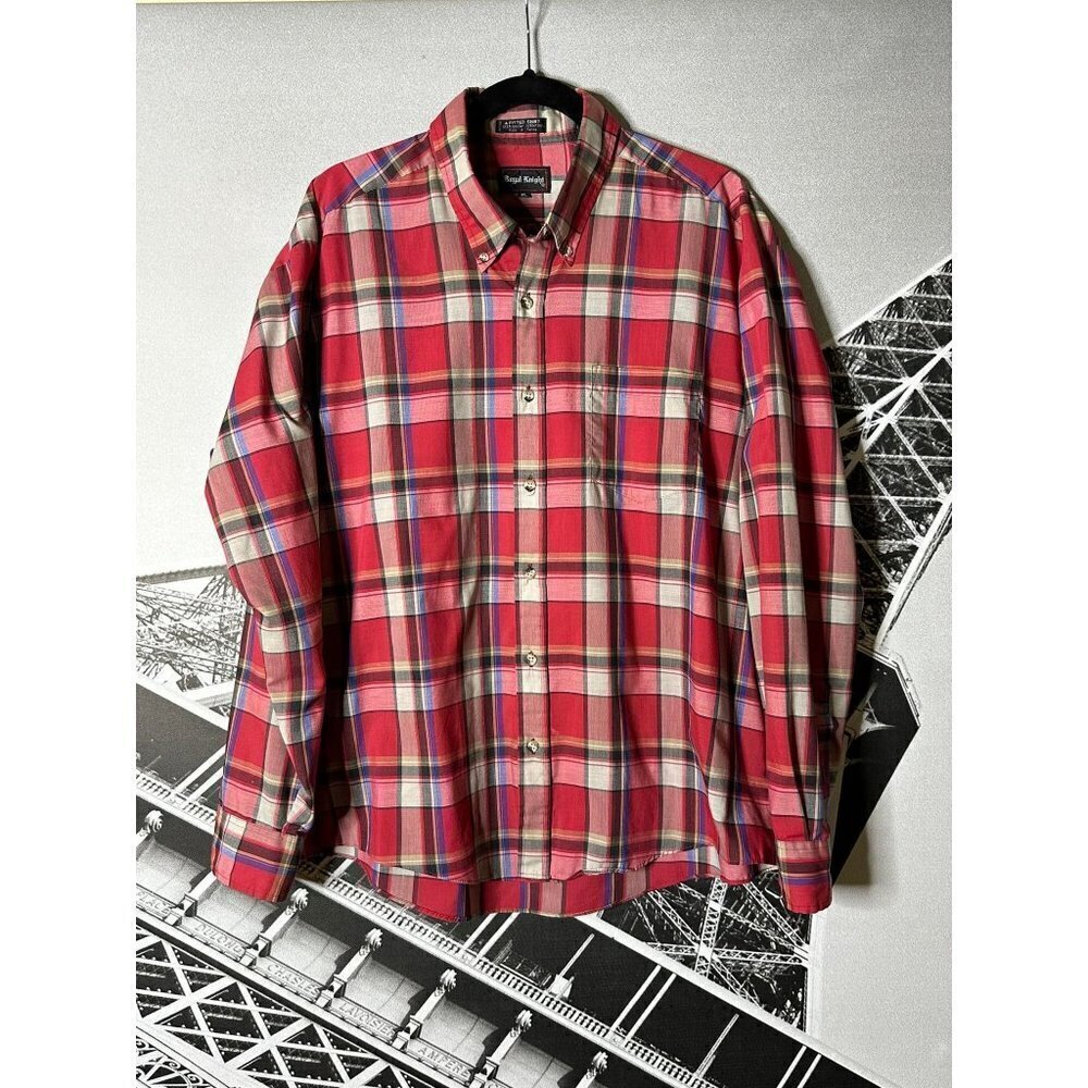 Royal Knight raspberry checkered button up‎ men's fitted shirt, size XL